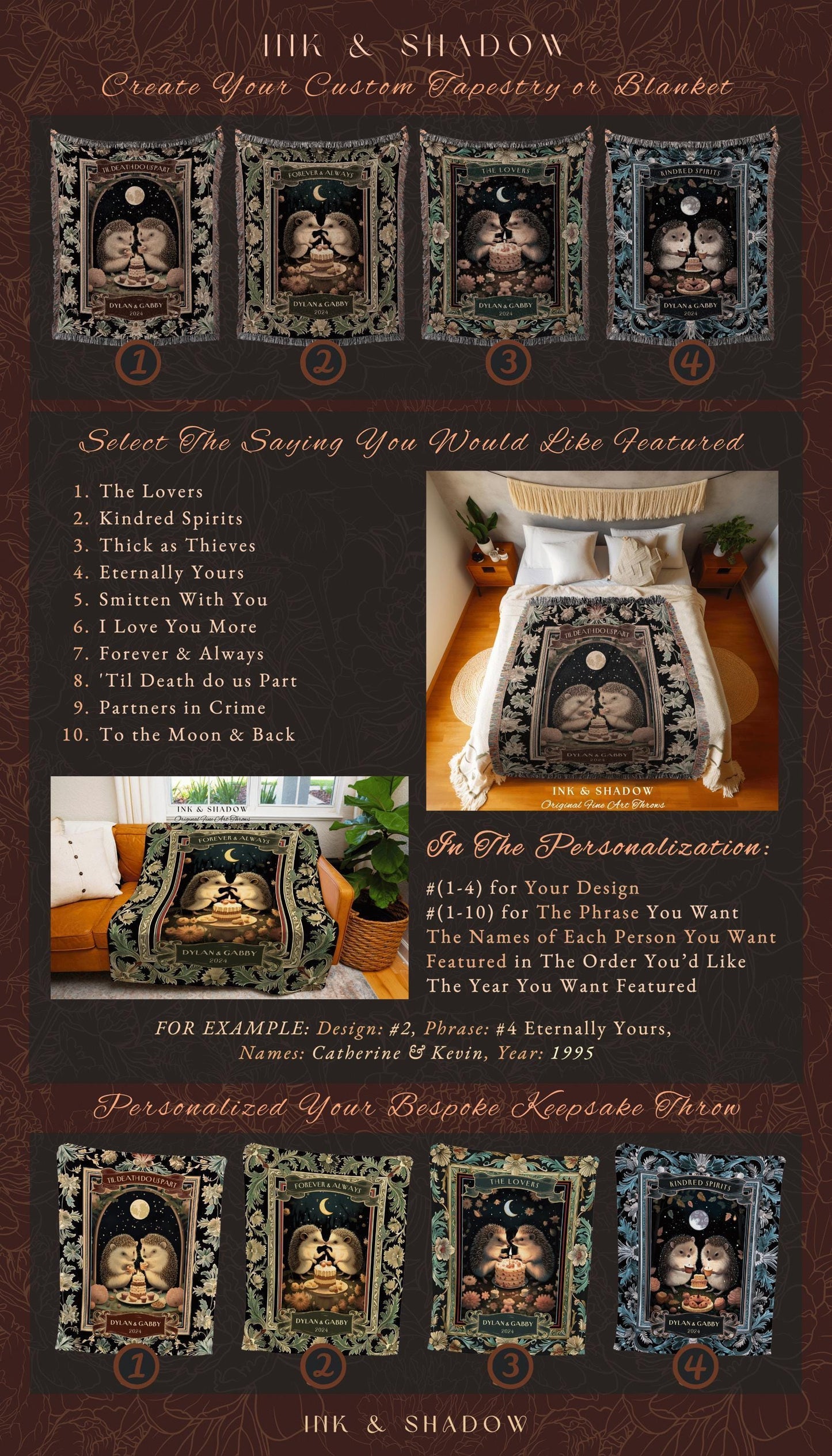 Moon Celestial Hedgehog Lovers Tapestry Blanket Dark Forestcore Mystic Aesthetic | Woodland Wedding Gift Custom Anniversary Cotton Blanket