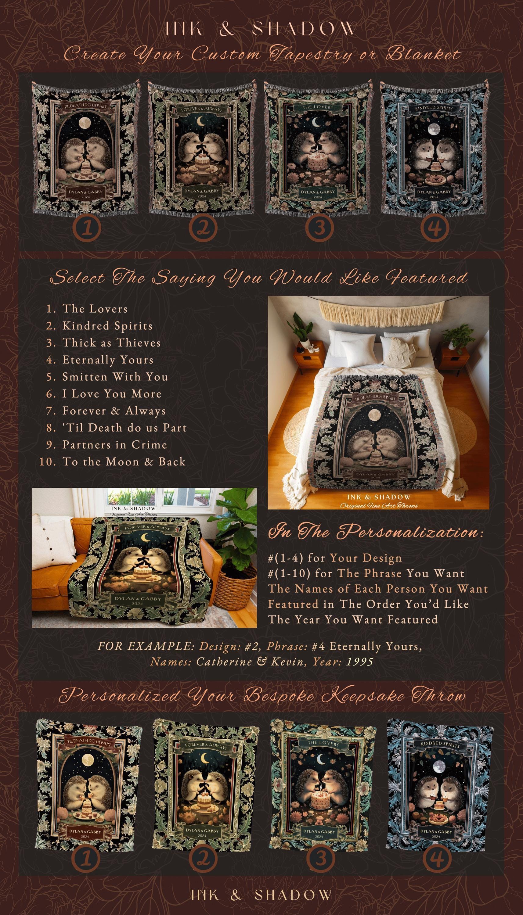 Moon Celestial Hedgehog Lovers Tapestry Blanket Dark Forestcore Mystic Aesthetic | Woodland Wedding Gift Custom Anniversary Cotton Blanket
