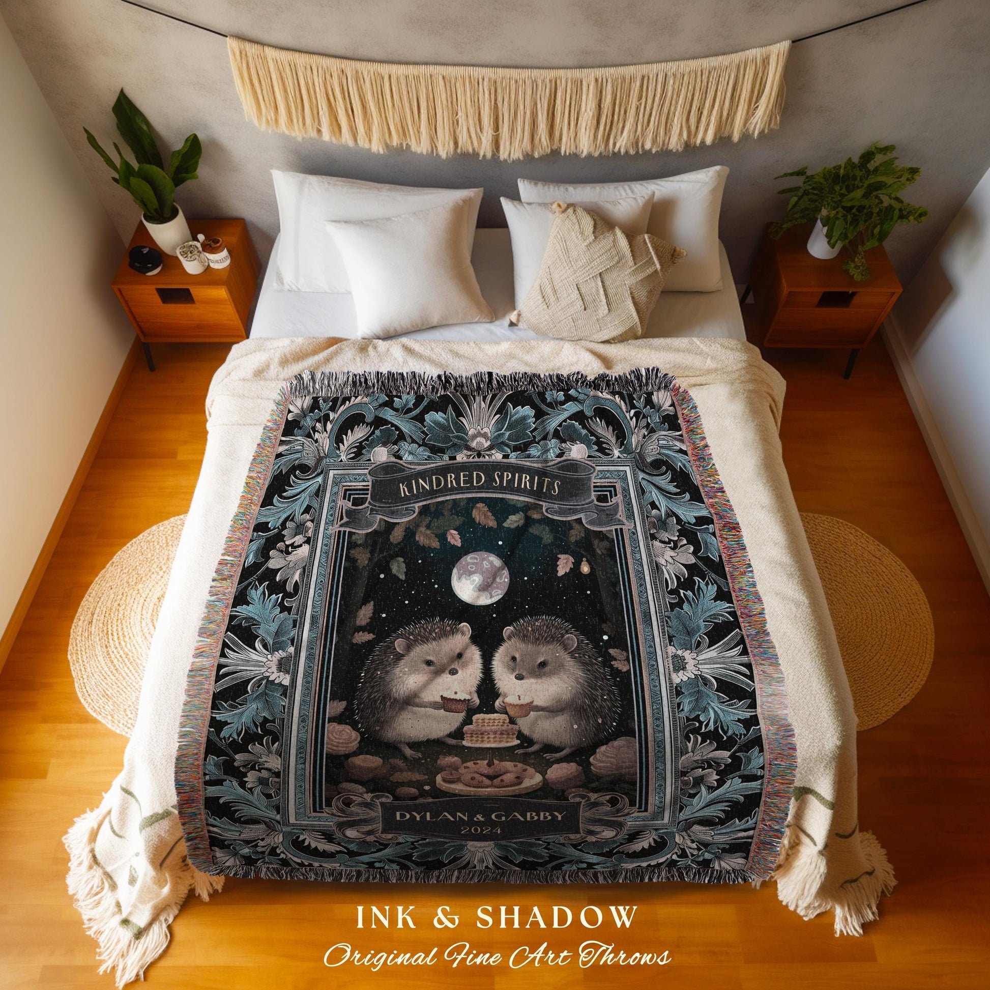 Moon Celestial Hedgehog Lovers Tapestry Blanket Dark Forestcore Mystic Aesthetic | Woodland Wedding Gift Custom Anniversary Cotton Blanket