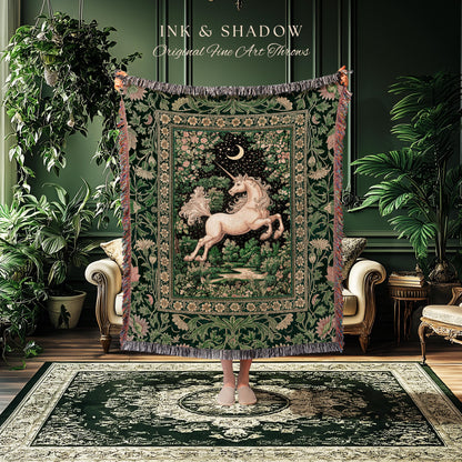Magic Garden Unicorn Aesthetic Blanket | Crescent Moon Cottagecore Pegasus Regal Decor Forest Baroque Tapestry Castlecore Romantic Mystical