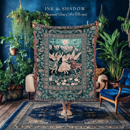 Sunny Wildflower Meadow Fairy Tapestry | Midsummer Aesthetic Throw Blanket Folklore Fairytale Enchanted Medieval Angels Cottagecore Coquette