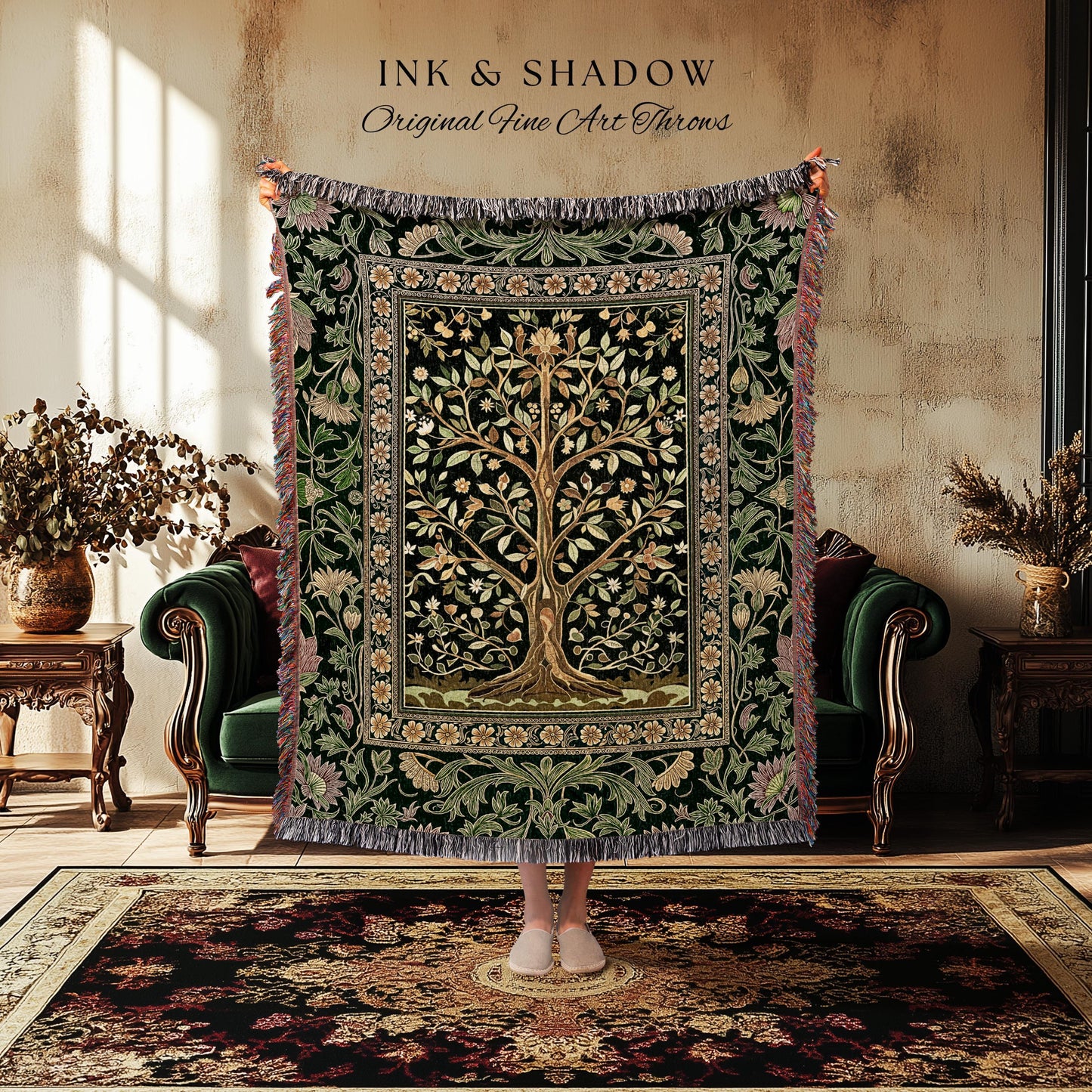 Golden Aesthetic Tree of Life Woven Throw Blanket Jacquard Tapestry