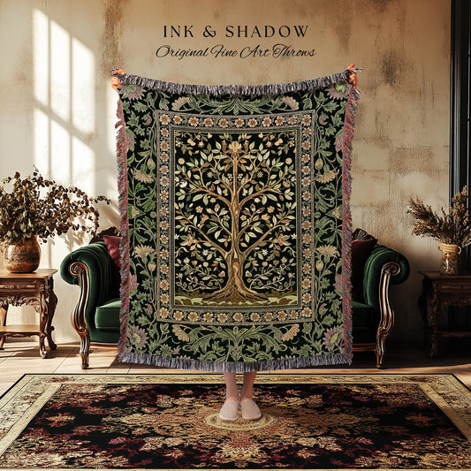 Golden Aesthetic Tree of Life Woven Throw Blanket Jacquard Tapestry