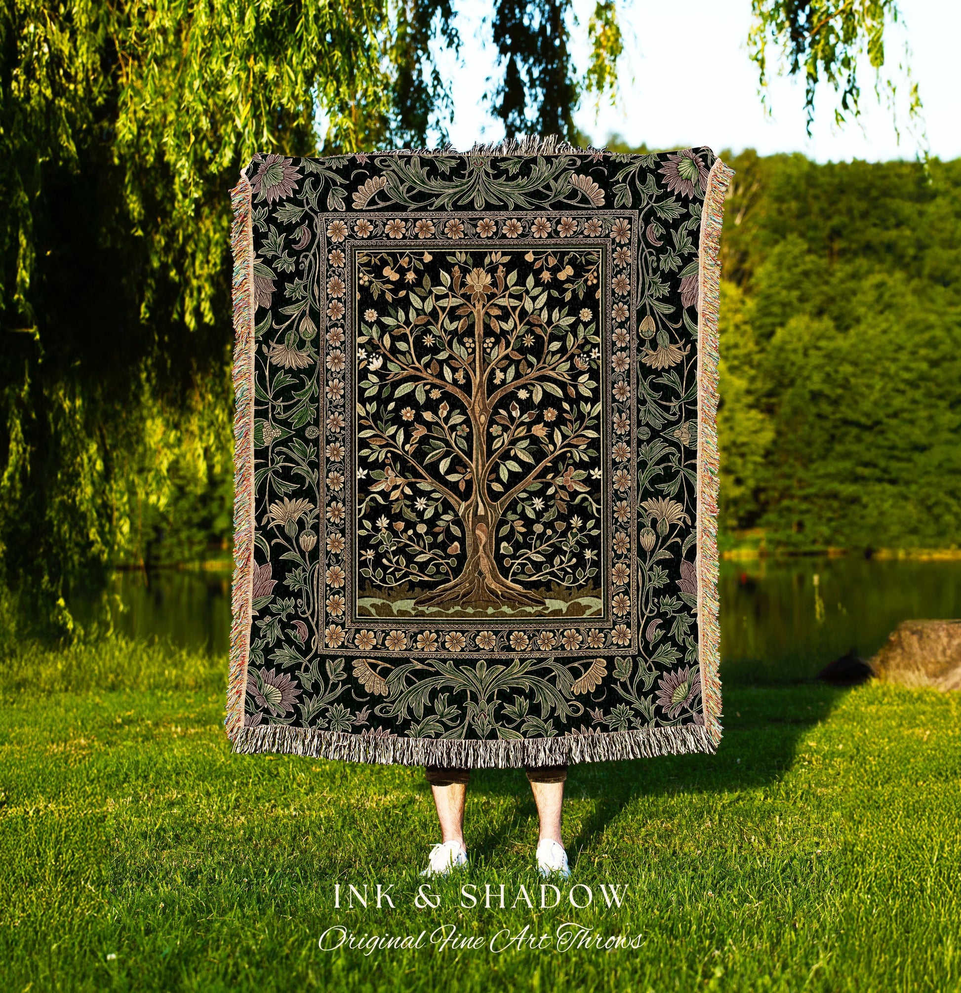 Golden Aesthetic Tree of Life Woven Throw Blanket Jacquard Tapestry
