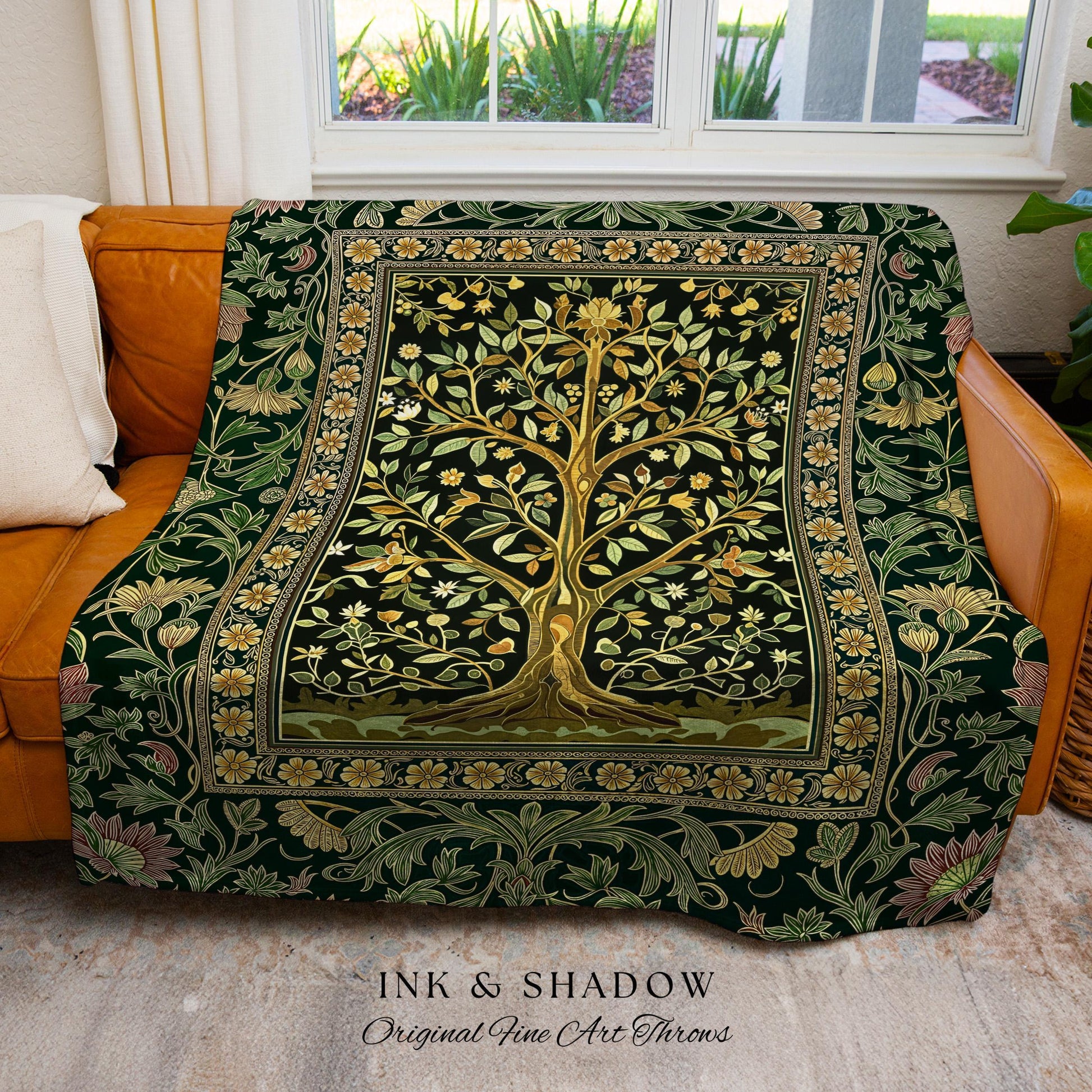 Golden Aesthetic Tree of Life Woven Throw Blanket Jacquard Tapestry