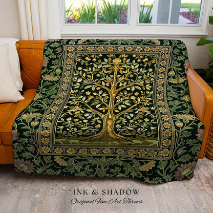 Golden Aesthetic Tree of Life Woven Throw Blanket Jacquard Tapestry