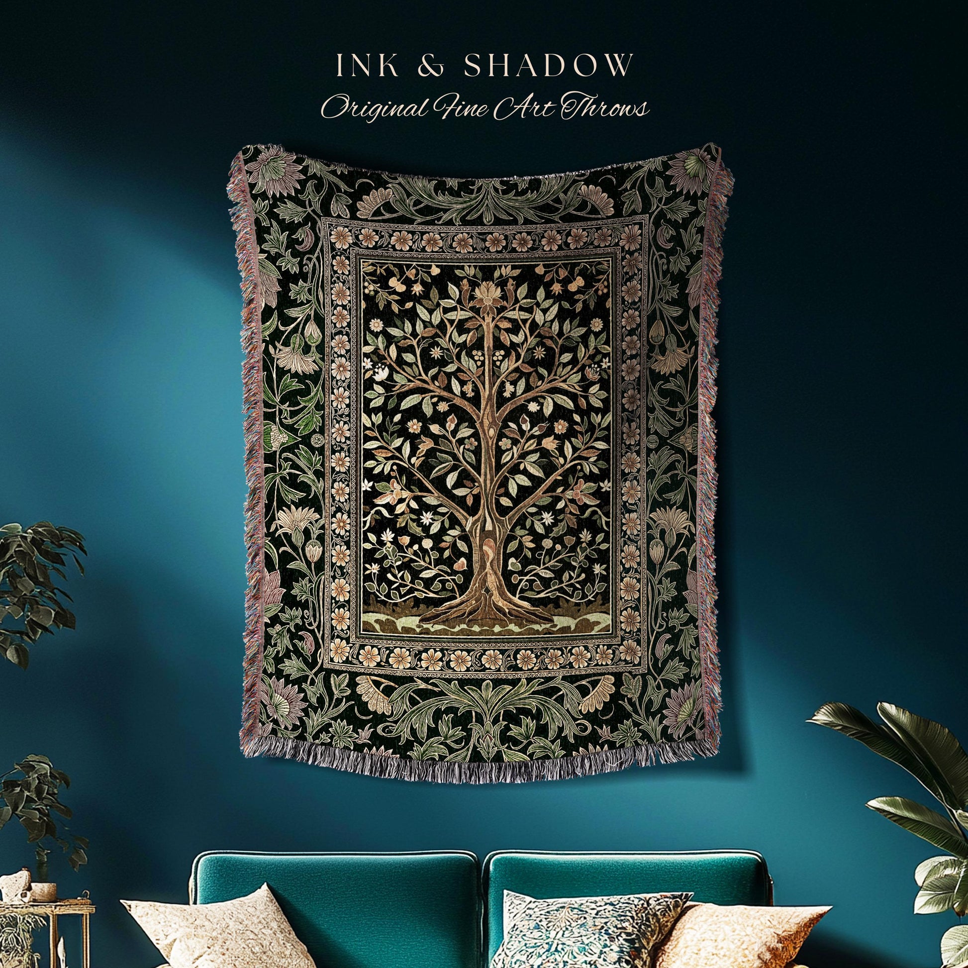 Golden Aesthetic Tree of Life Woven Throw Blanket Jacquard Tapestry