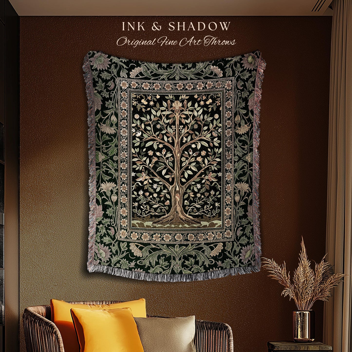 Golden Aesthetic Tree of Life Woven Throw Blanket Jacquard Tapestry
