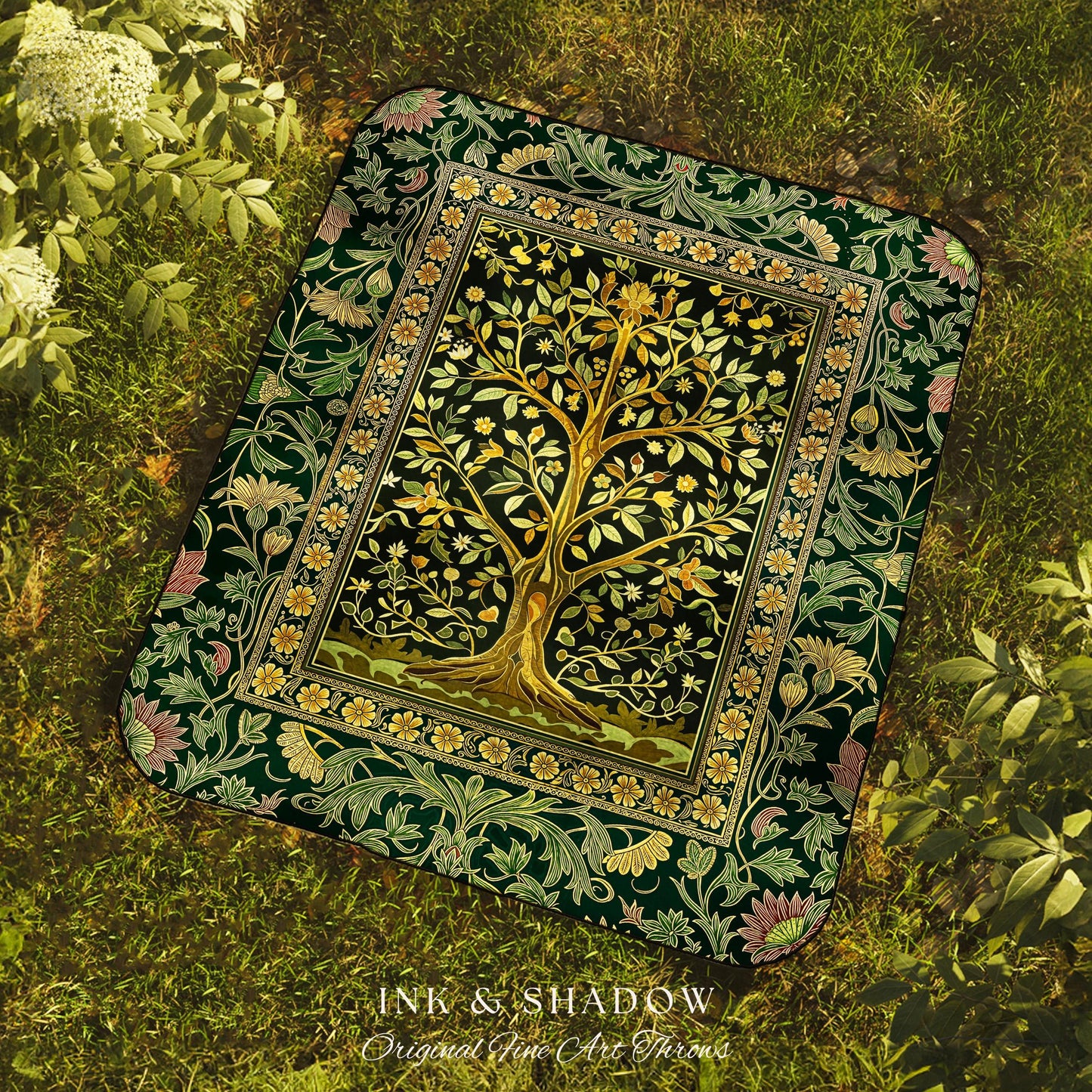 Golden Aesthetic Tree of Life Woven Throw Blanket Jacquard Tapestry