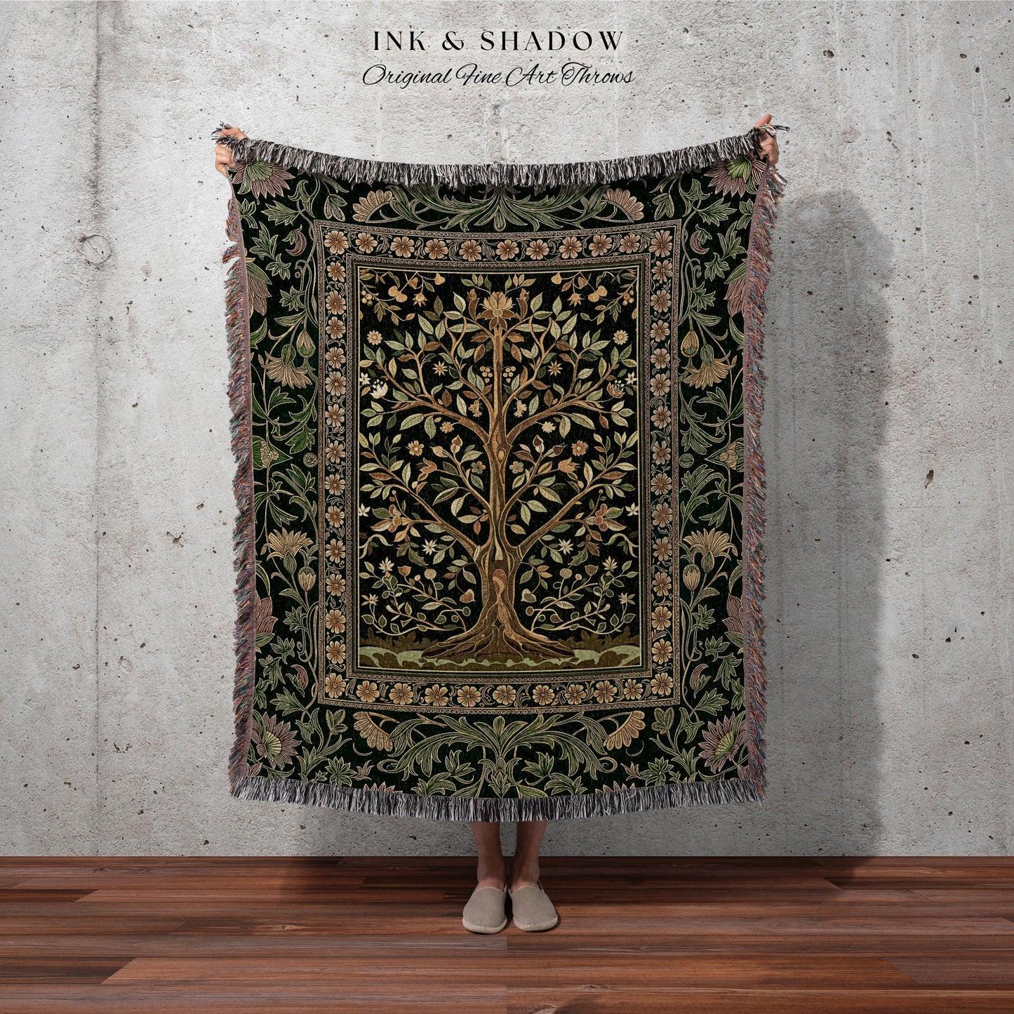 Golden Aesthetic Tree of Life Woven Throw Blanket Jacquard Tapestry