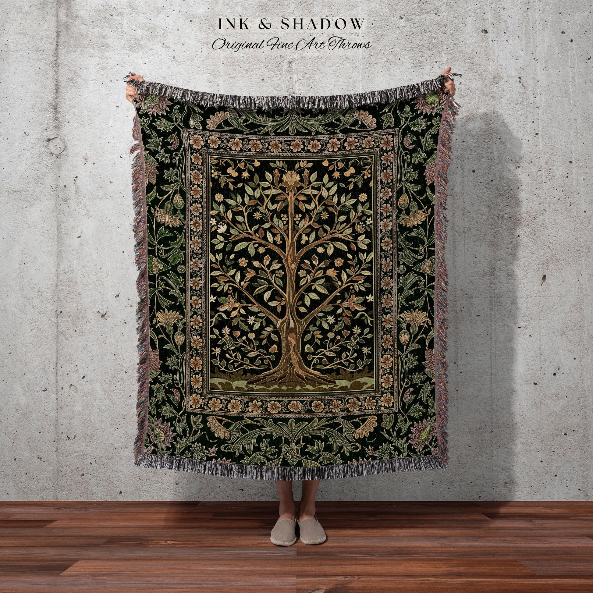 Golden Aesthetic Tree of Life Woven Throw Blanket Jacquard Tapestry