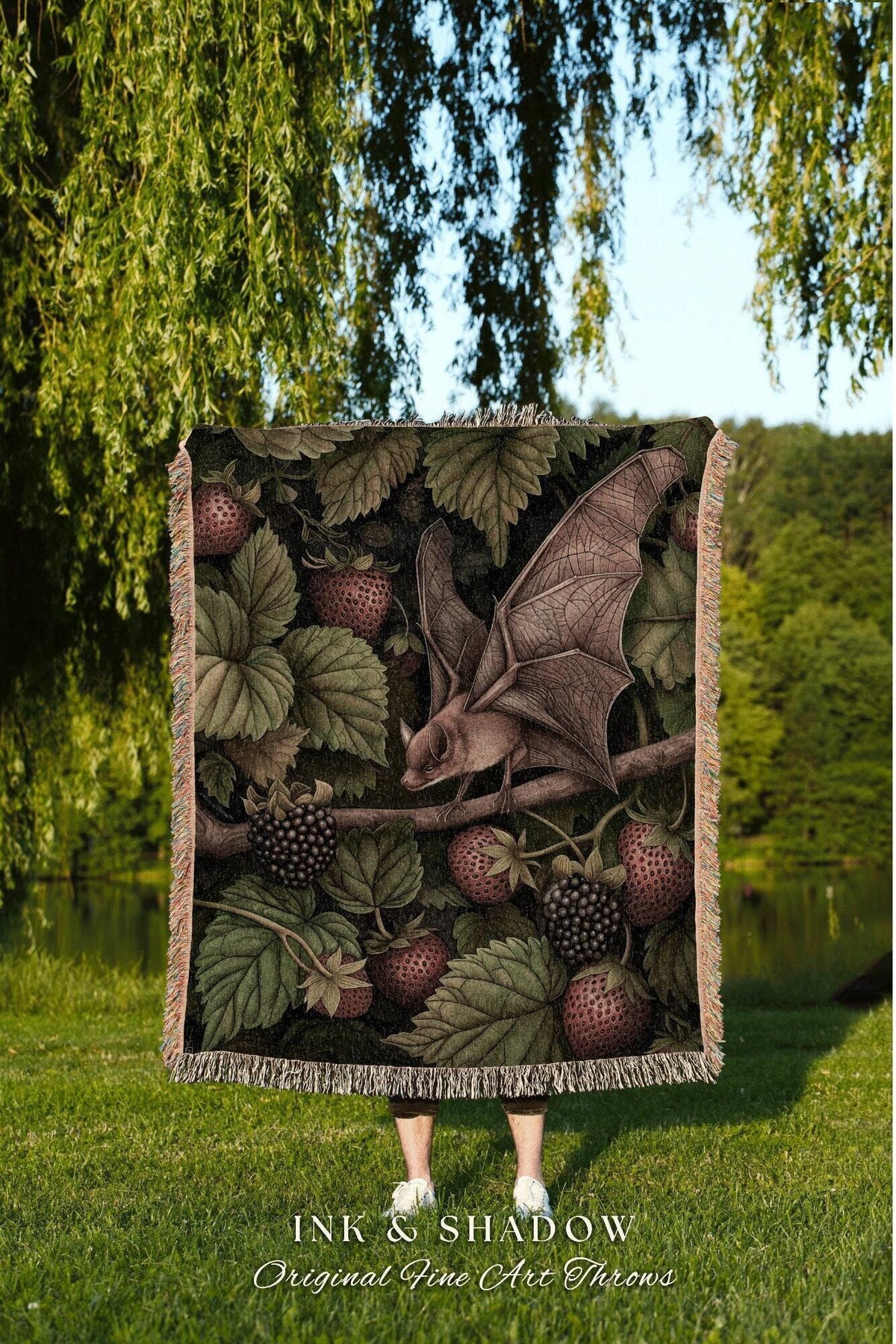 Strawberry Bat Botanical Tapestry Throw Blanket | Dark Academia Woodland Whimsigothic Art Forest Berries Witchy Wildlife Woven Wall Hanging