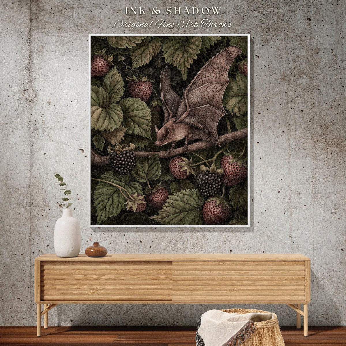 Strawberry Bat Botanical Tapestry Throw Blanket | Dark Academia Woodland Whimsigothic Art Forest Berries Witchy Wildlife Woven Wall Hanging