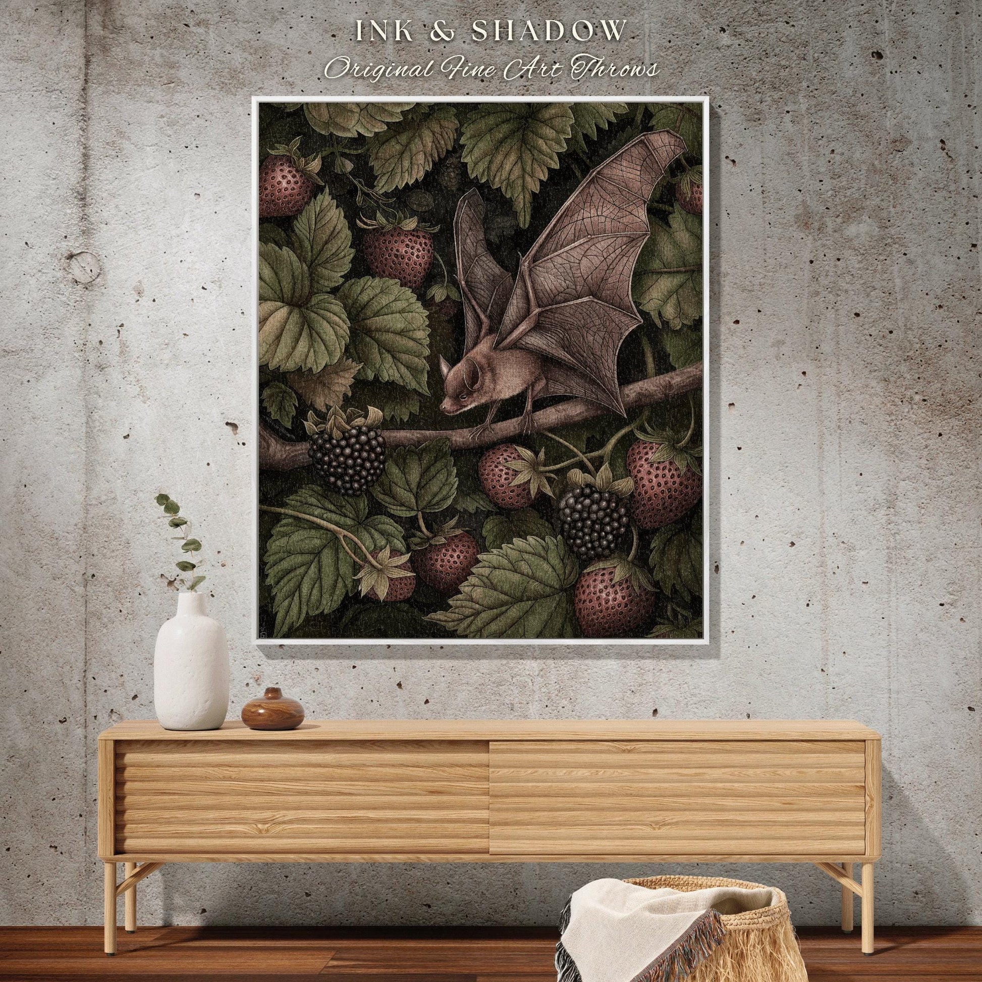Strawberry Bat Botanical Throw Blanket | Dark Academia Woodland Wall Art Gothic Bedroom Decor Astrology Bat Wall Hanging Tapestry Whimsigoth