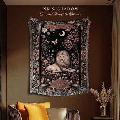 Dark Floral Celestial Leo Zodiac Sign Tapestry Throw Mystic Woodland Astrology Gift | Regal Vintage Victorian Lion Art Birth Month Blanket