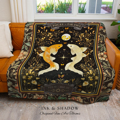 Ancient Water Garden Pisces Astrology Blanket Mystical Moonlit Zodiac Decor | The Fish Starry Night Vintage Constellation Birth Month Gift