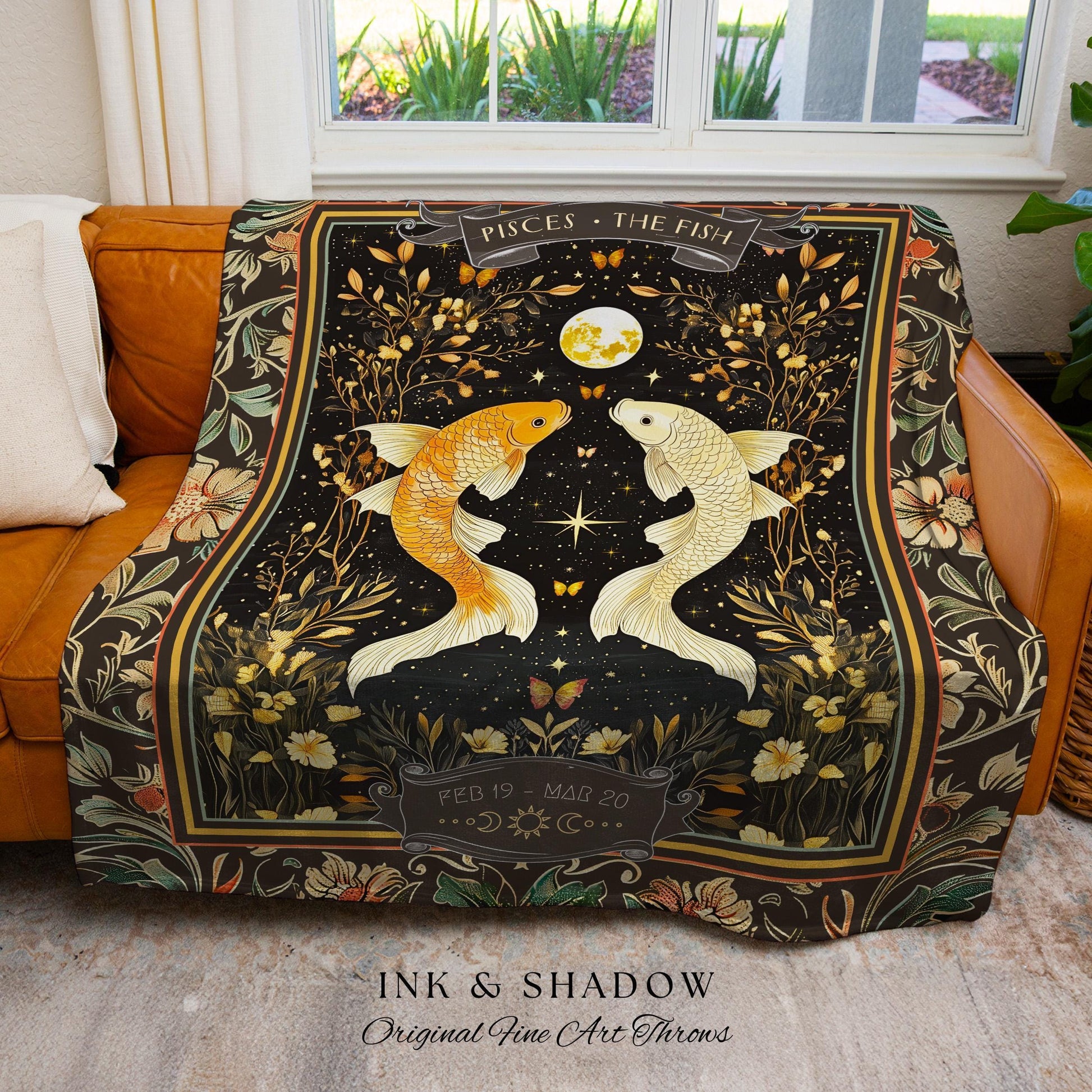 Ancient Water Garden Pisces Astrology Blanket Mystical Moonlit Zodiac Decor | The Fish Starry Night Vintage Constellation Birth Month Gift