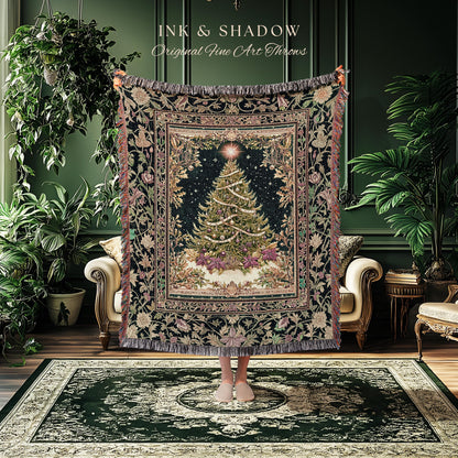 Enchanted Golden Tree Tapestry | Holiday Blanket Cottagecore Accent Festive Bedspread Cozy Winter Style Rustic Decor Vintage Woven Throw |