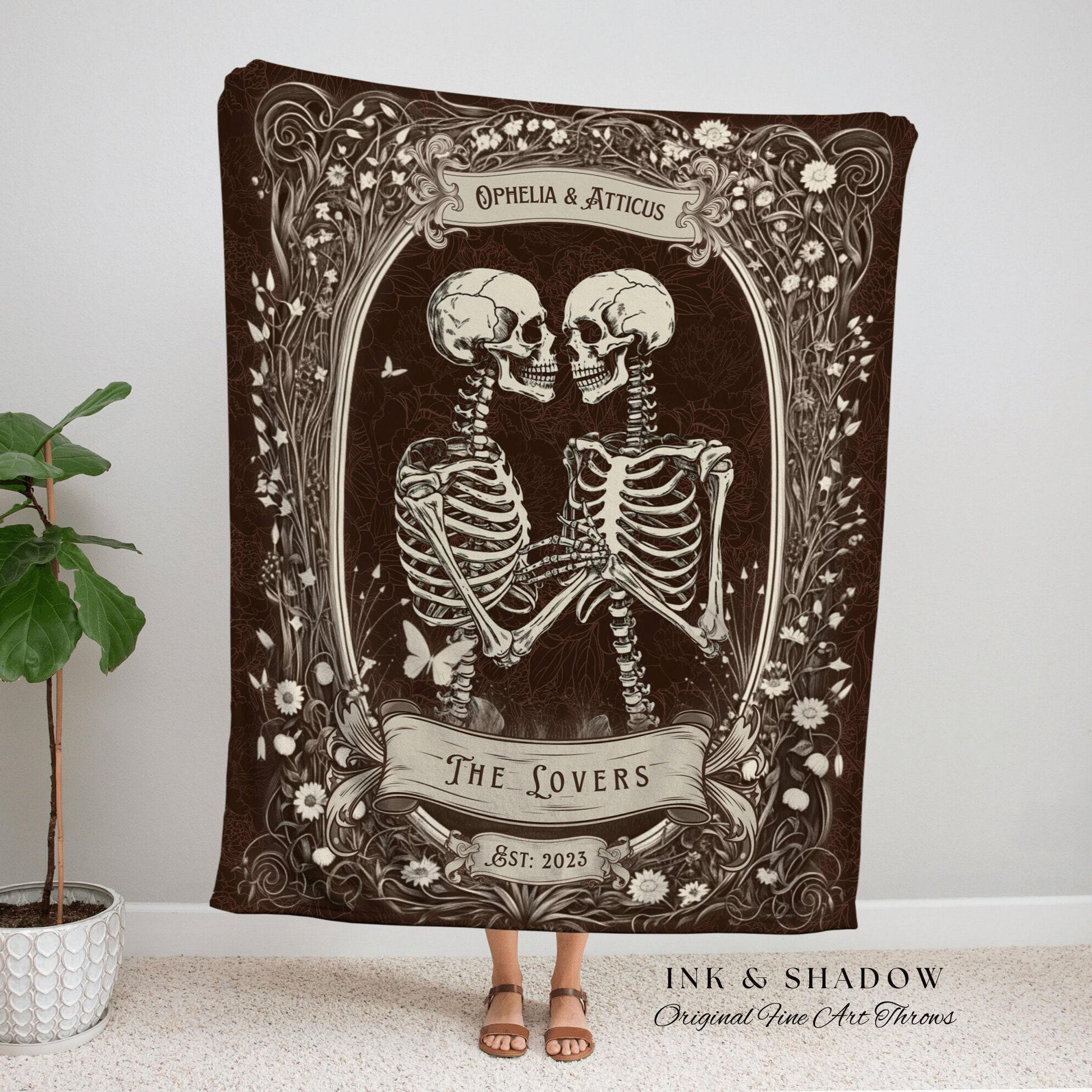 Gothic Engagement Blanket Custom | Personalized Wedding Anniversary Blanket Unique Couple Gift for Goths Custom Tapestry Skeleton Blanket |