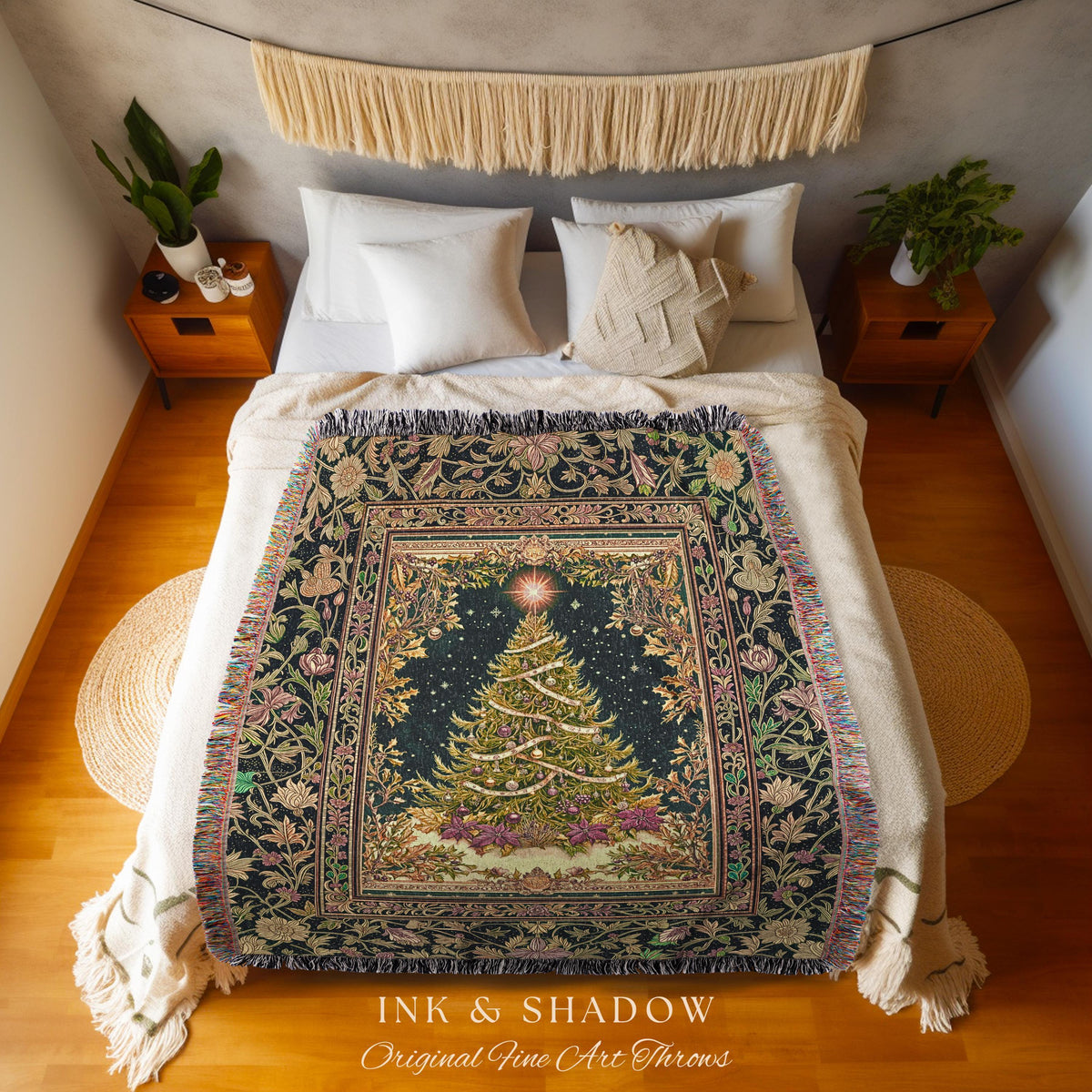 Enchanted Golden Tree Tapestry | Holiday Blanket Cottagecore Accent Festive Bedspread Cozy Winter Style Rustic Decor Vintage Woven Throw |