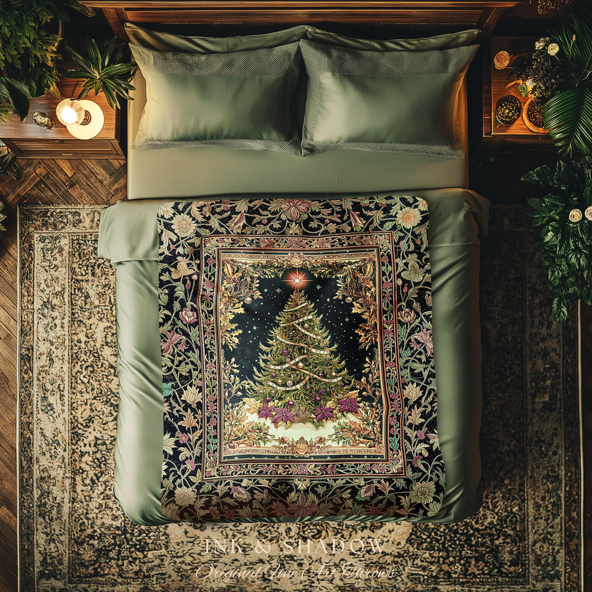 Enchanted Golden Tree Tapestry | Holiday Blanket Cottagecore Accent Festive Bedspread Cozy Winter Style Rustic Decor Vintage Woven Throw |