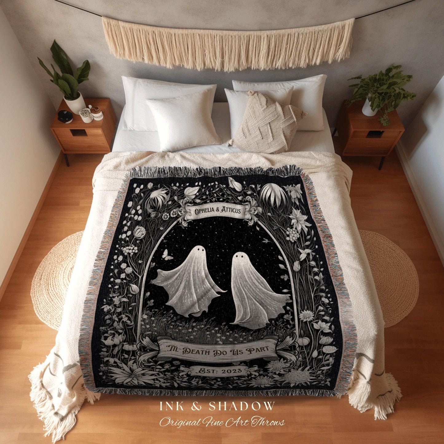 Whimsigoth Ghost Couple Blanket | Personalized Wedding Blanket Vintage Gothic Tapestry Woven Ghost Gifts His & Hers Anniversary Meaningful