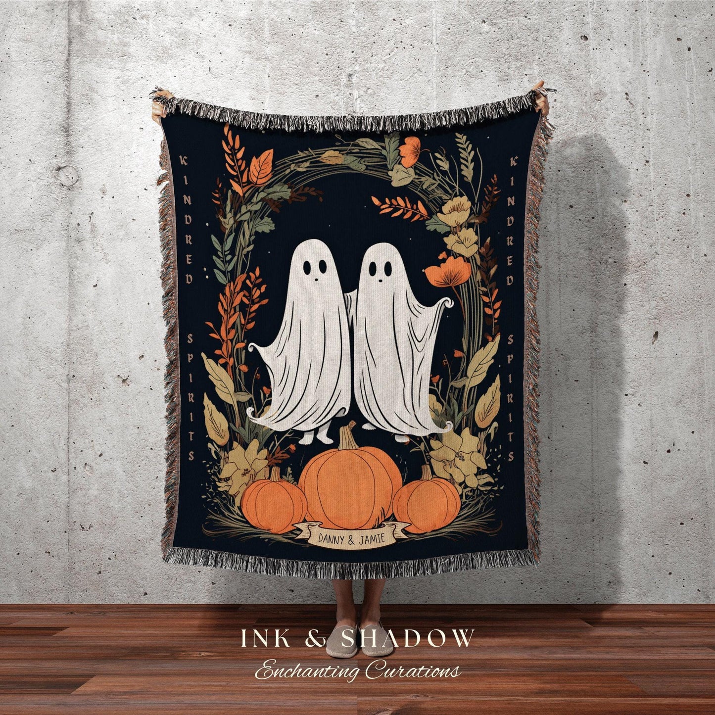 Kindred Spirts Personalized Ghost Blanket Goth Tapestry | Spooky Ghost Decor Halloween Blanket Woven Throw | Woven Blanket Ghosts Couple