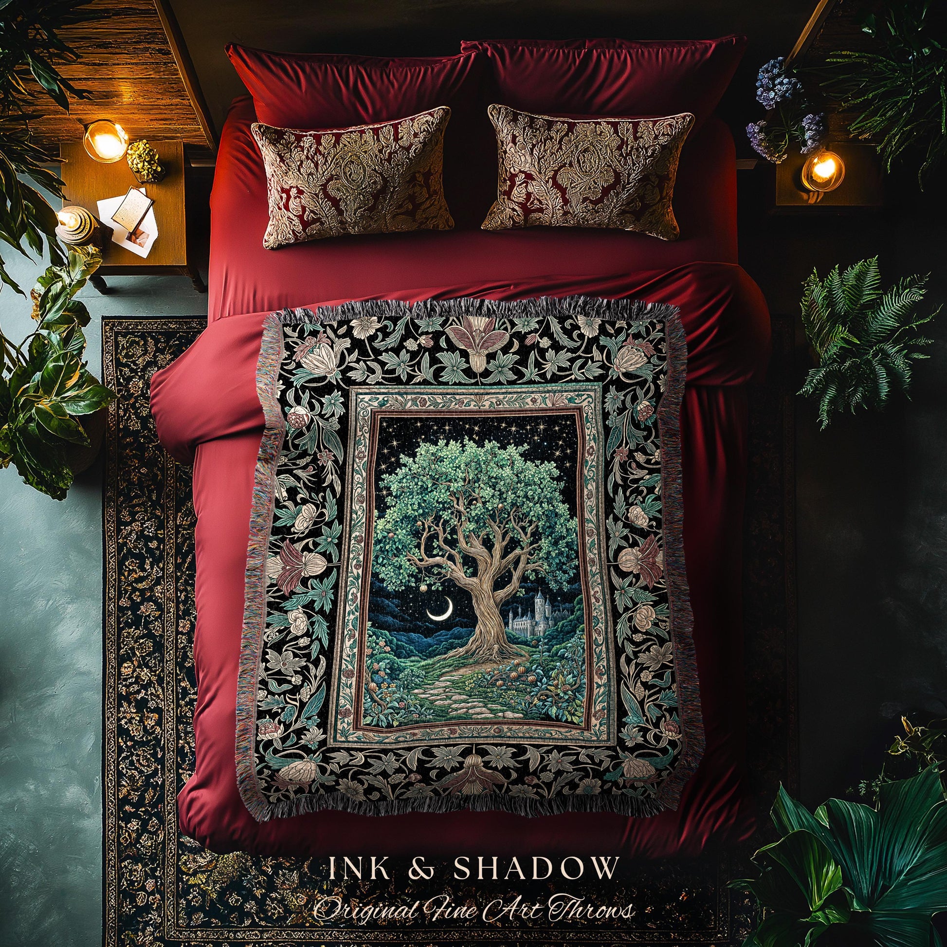 Fantasy Castle Tree of Life Throw Blanket | Celestial Moon Decor Star Garden Design Folklore Inspired Tapestry Enchanted Forest Medieval |