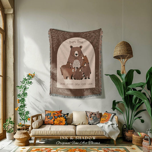 Custom Papa Bear Dad Blanket Keepsake Fathers Day Blanket Family Dad Gift From Daughter Son Personalized Woven Throw Gift with Kids Names