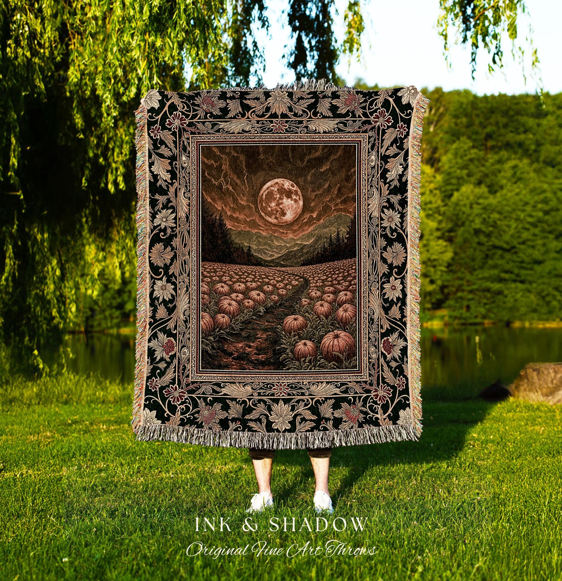 Amber Sunset Cozy Fall Throw | Dark Academia Autumn Aesthetic Bookish Blanket Spooky Season Vibes Pumpkin Crowcore Rustic Woven Tapestry |