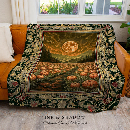 Amber Sunset Cozy Fall Throw | Dark Academia Autumn Aesthetic Bookish Blanket Spooky Season Vibes Pumpkin Crowcore Rustic Woven Tapestry |