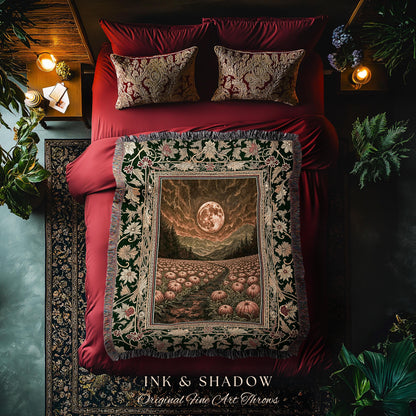 Amber Sunset Cozy Fall Throw | Dark Academia Autumn Aesthetic Bookish Blanket Spooky Season Vibes Pumpkin Crowcore Rustic Woven Tapestry |