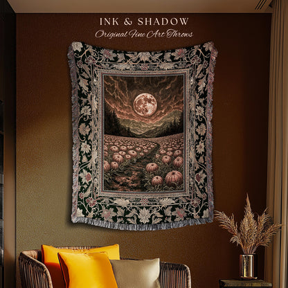 Amber Sunset Cozy Fall Throw | Dark Academia Autumn Aesthetic Bookish Blanket Spooky Season Vibes Pumpkin Crowcore Rustic Woven Tapestry |