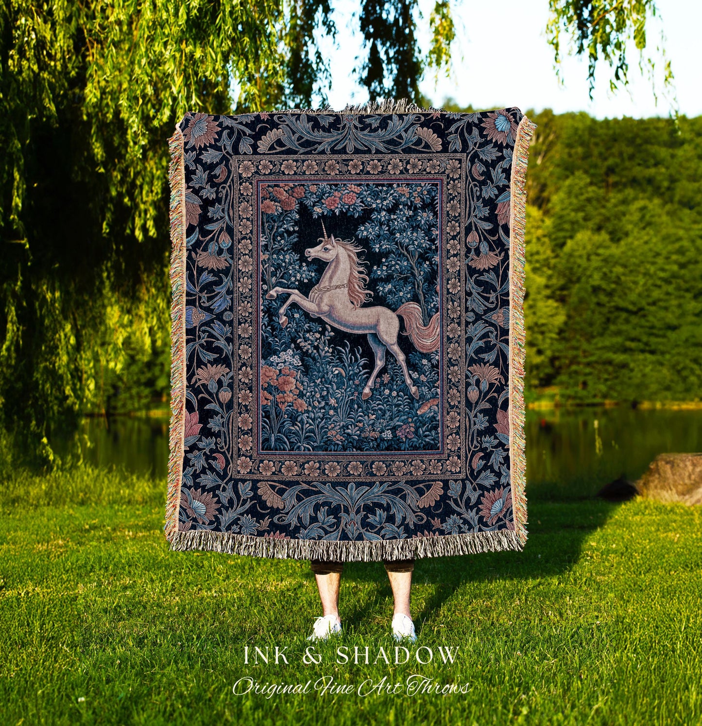 Storybook Unicorn Mystic Woven Throw | Pastel Blue Forest Pegasus Accent Fairytale Baroque Decor Romantic Tapestry Mystic Cottagecore Regal