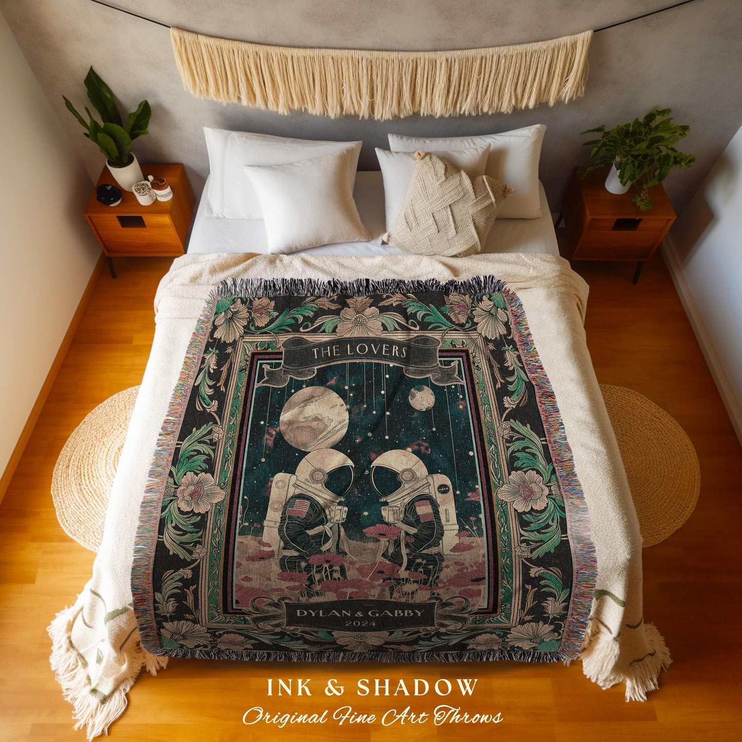Cosmic Theme Astronaut Couple Blanket | Out of this World Love Romantic Wedding Anniversary Tapestry Throw Sentimental Valentine Space Decor