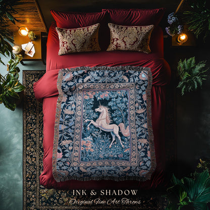 Storybook Unicorn Mystic Woven Throw | Pastel Blue Forest Pegasus Accent Fairytale Baroque Decor Romantic Tapestry Mystic Cottagecore Regal