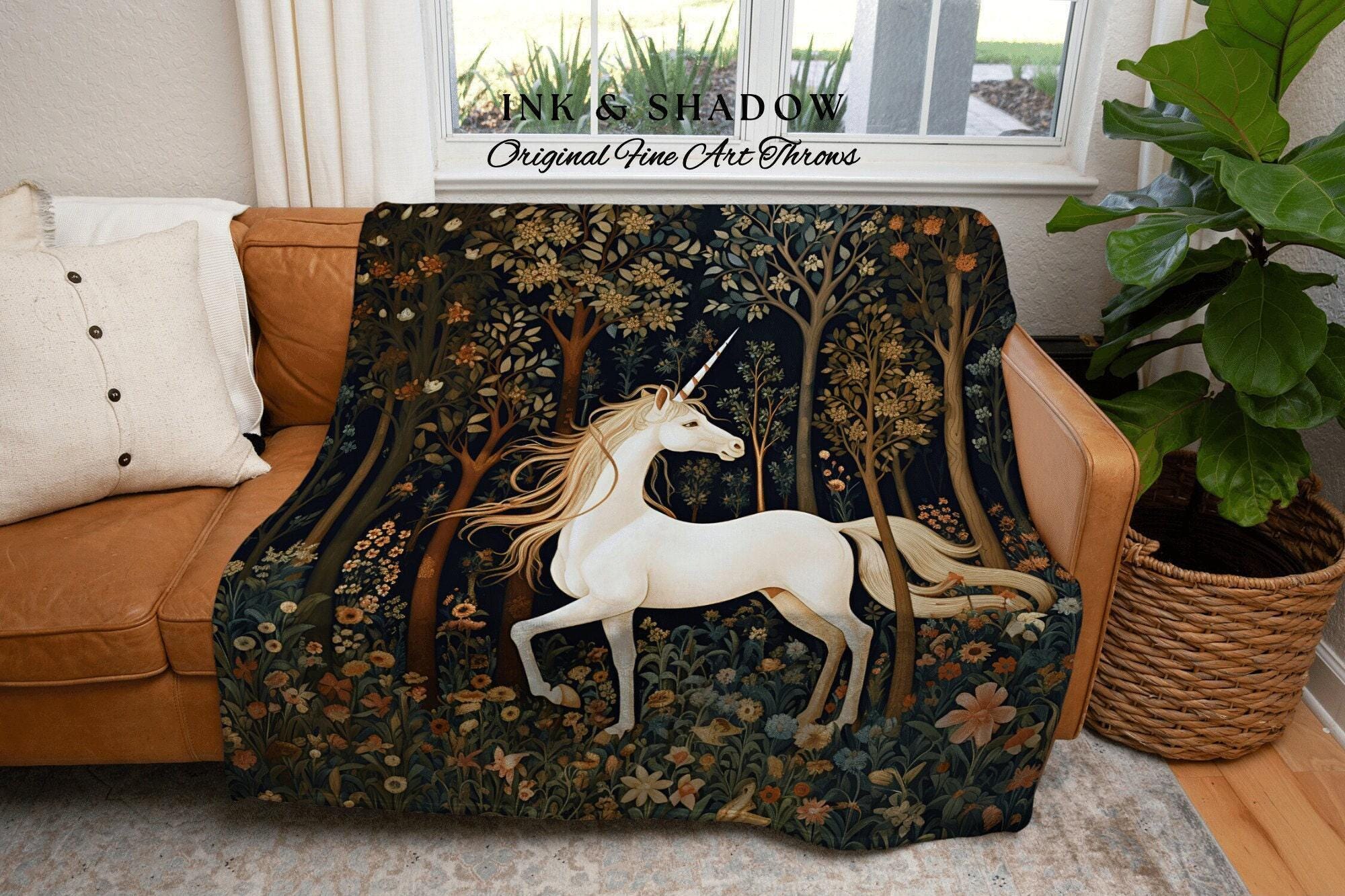 Medieval Unicorn Woven Throw Blanket | Baroque Art Blanket Woven