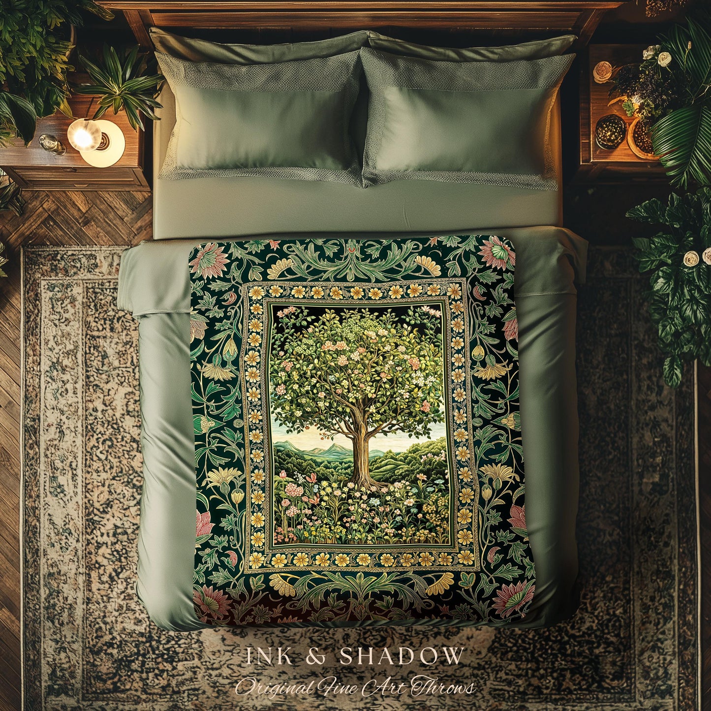 Pastoral Wildflower Garden Tree Tapestry | Floral Mountain Decor Romantic Landscape Woven Throw Blanket Botanical Romantic Cottagecore Art |