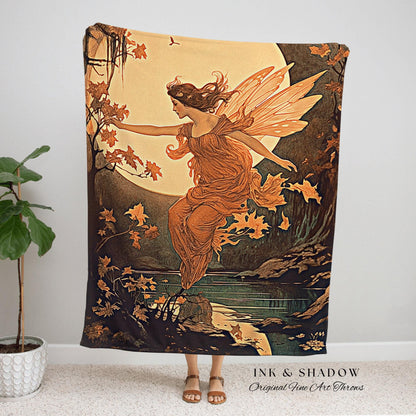 Autumn Fairy Woodland Blanket | Storybook Aesthetic Celestial Wall Art Cottagecore Decor Art Nouveau Tapestry Art Blanket Fairycore Vintage