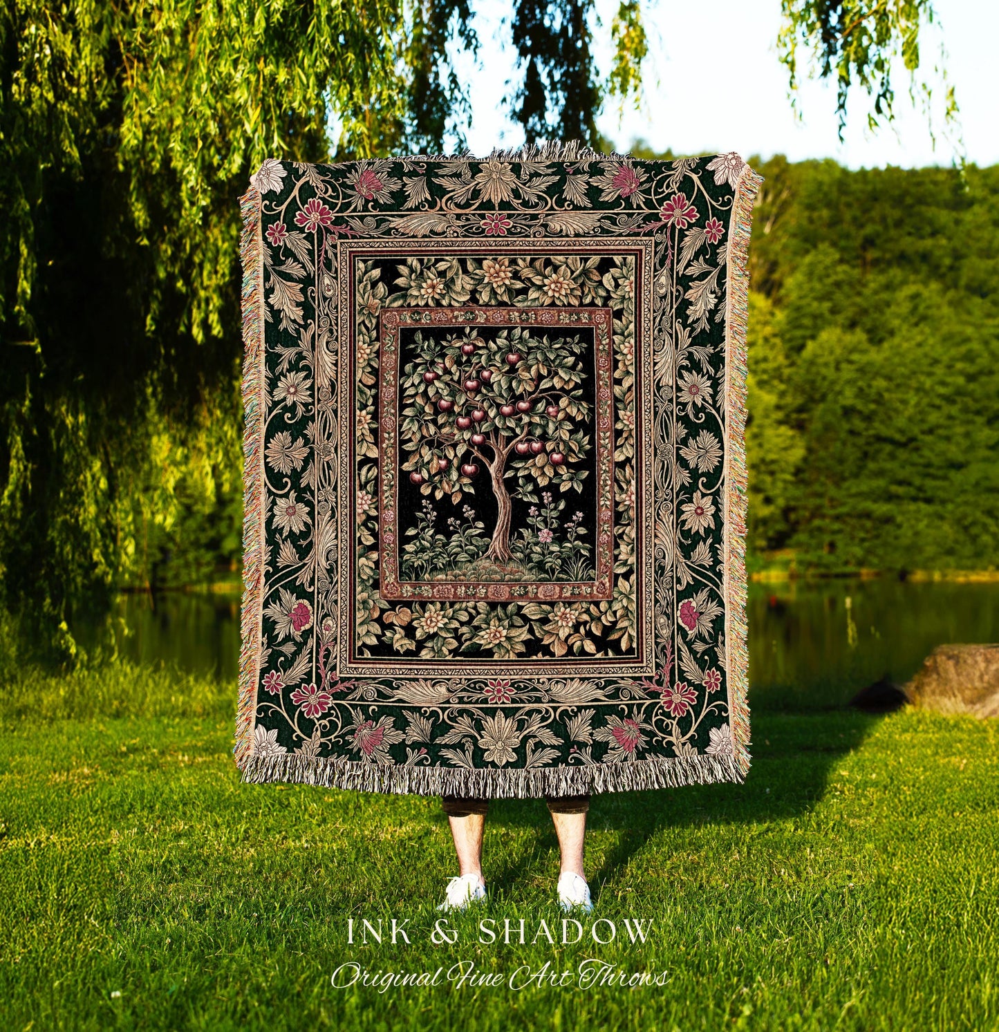 Storybook Gothic Cherry Tree Woven Tapestry | Romantic Woodland Botanical Fruit Design Ornate Floral Throw Blanket Baroque Accent Medieval |