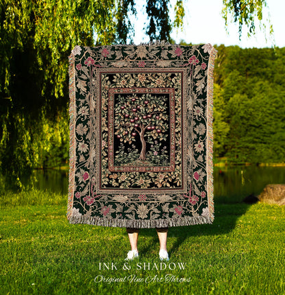 Storybook Gothic Cherry Tree Woven Tapestry | Romantic Woodland Botanical Fruit Design Ornate Floral Throw Blanket Baroque Accent Medieval |