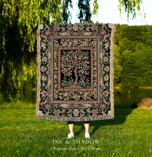 Storybook Gothic Cherry Tree Woven Tapestry | Romantic Woodland Botanical Fruit Design Ornate Floral Throw Blanket Baroque Accent Medieval |