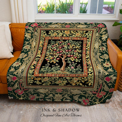 Storybook Gothic Cherry Tree Woven Tapestry | Romantic Woodland Botanical Fruit Design Ornate Floral Throw Blanket Baroque Accent Medieval |