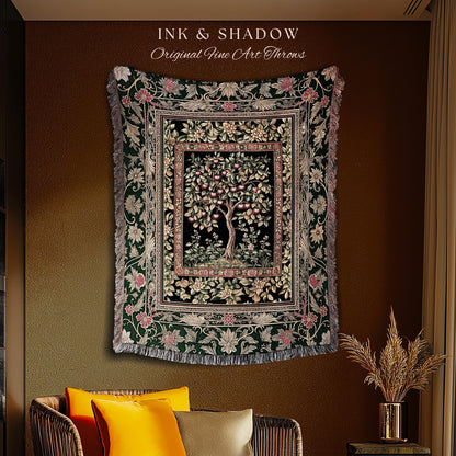Storybook Gothic Cherry Tree Woven Tapestry | Romantic Woodland Botanical Fruit Design Ornate Floral Throw Blanket Baroque Accent Medieval |