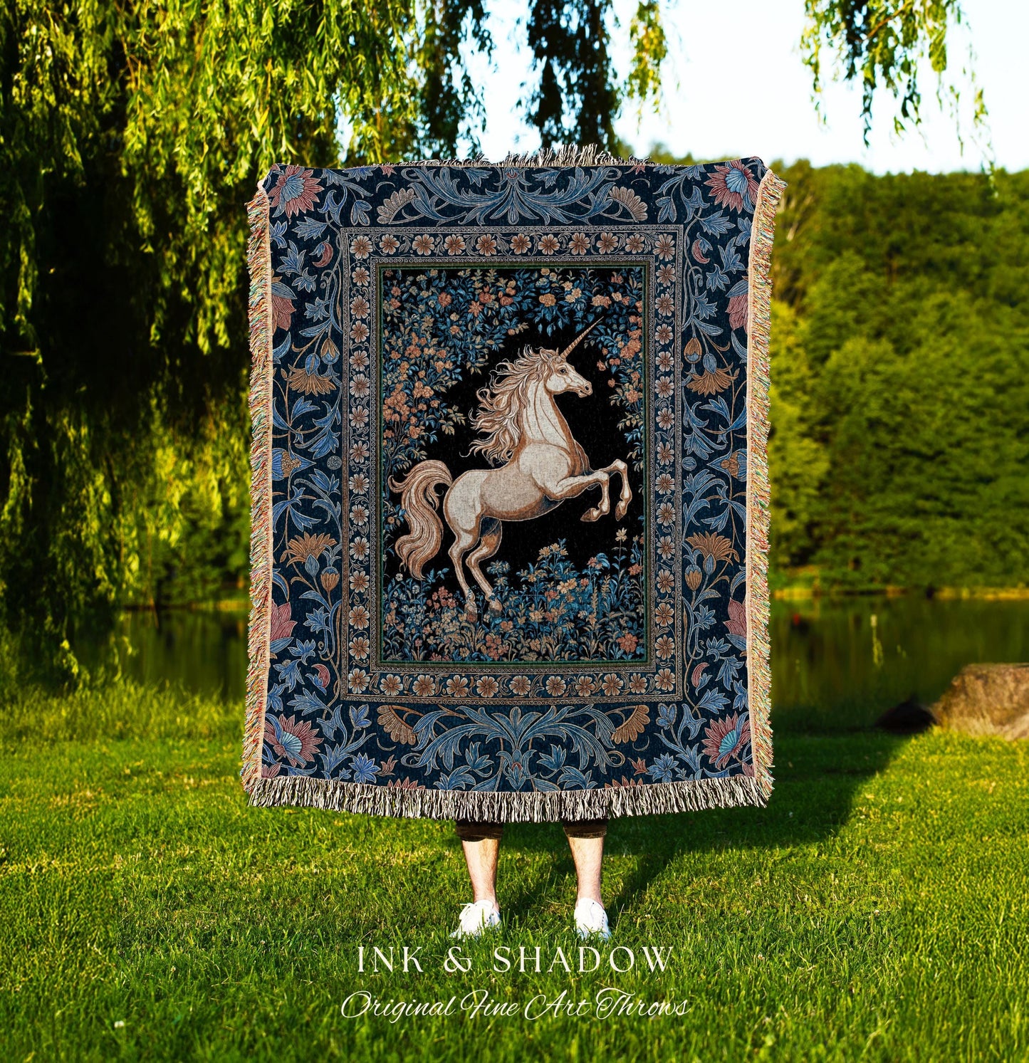 Twilight Floral Ornate Unicorn Tapestry | Blue Orange Baroque Fairytale Decor Regal Style Romantic Gothic Throw Blanket Accent Mystical |
