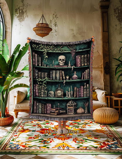 Witchy Bookcase Blanket | Goth Home Decor Dark Academia Book Lovers Gift Witchy Room Decor Vintage Book Lover Bookshelf Whimsigoth Blanket