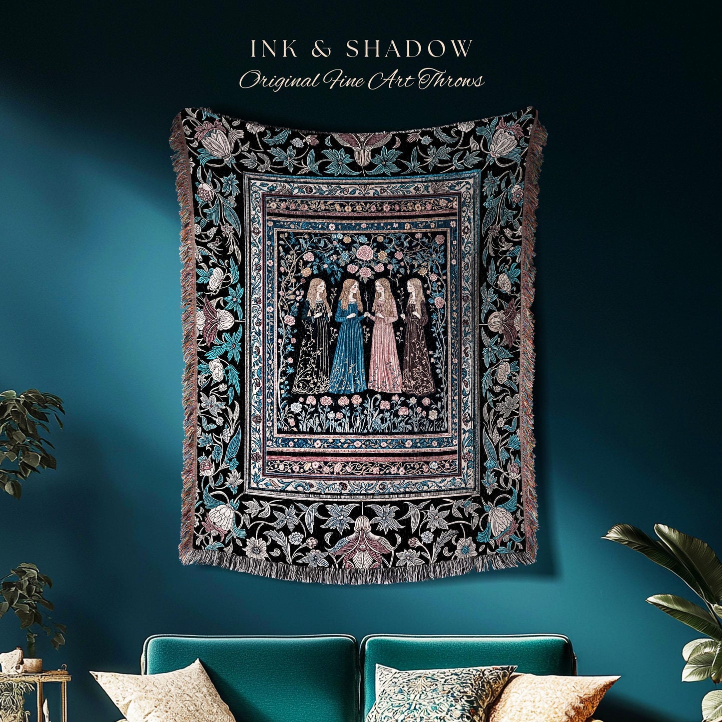 Victorian Gothic Maiden Witches Woven Blanket | Arcane Witchcraft Celestial Baroque Ethereal Folklore Wall Tapestry Romantic Floral Style |