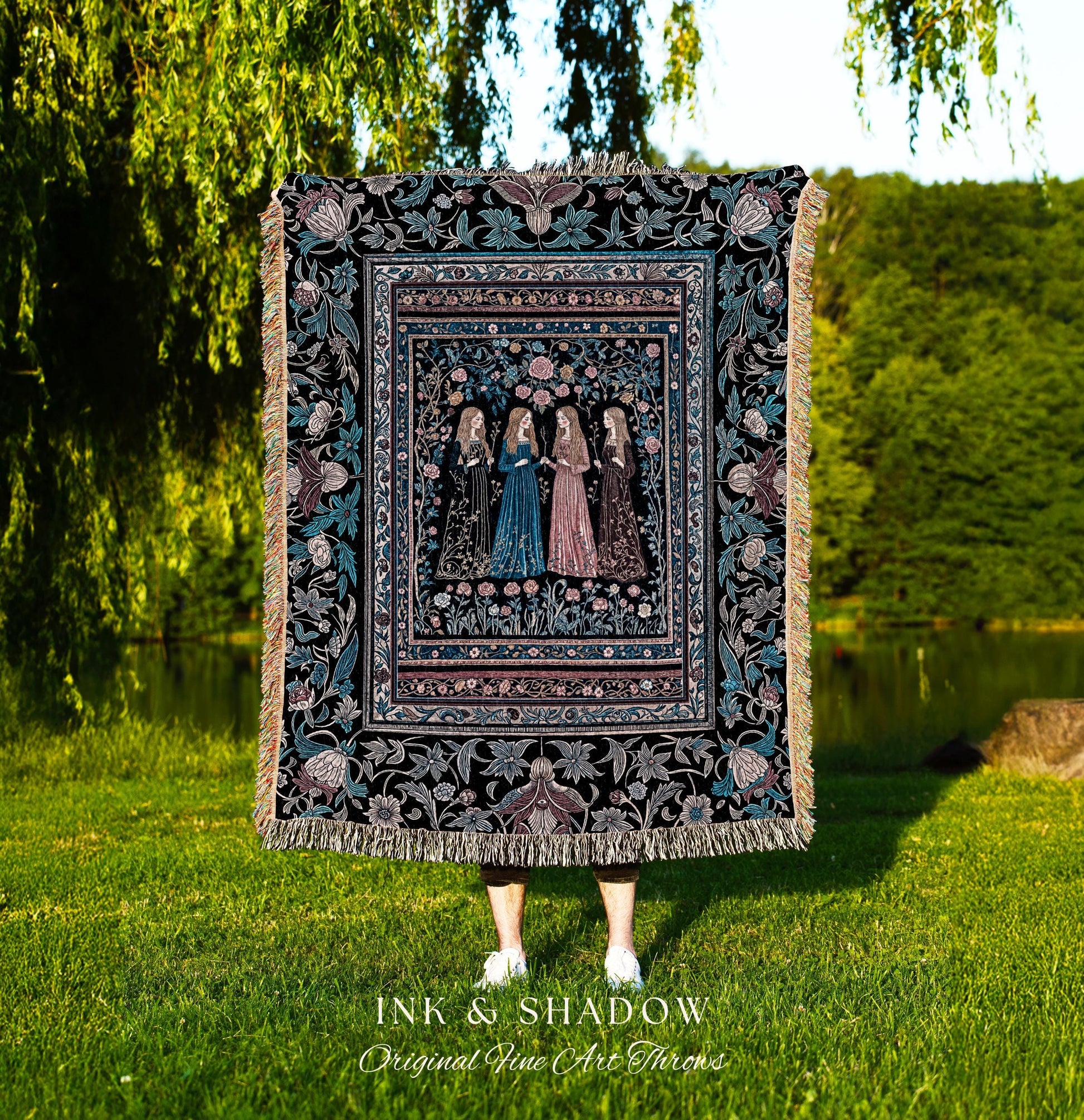 Victorian Gothic Maiden Witches Woven Blanket | Arcane Witchcraft Celestial Baroque Ethereal Folklore Wall Tapestry Romantic Floral Style |