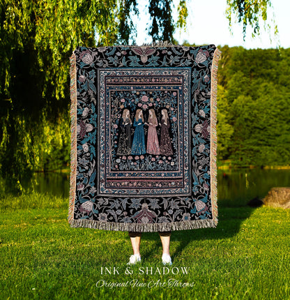 Victorian Gothic Maiden Witches Woven Blanket | Arcane Witchcraft Celestial Baroque Ethereal Folklore Wall Tapestry Romantic Floral Style |
