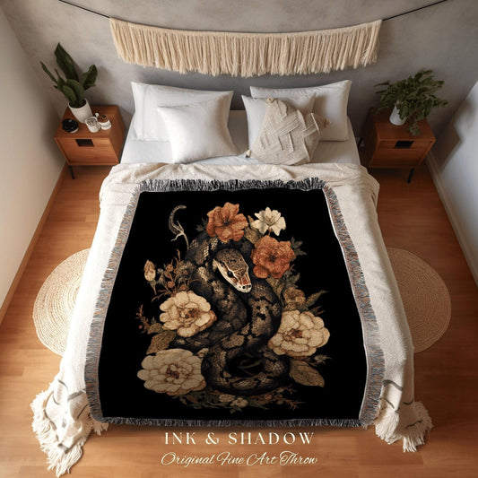 Vintage Serpent Tapestry Woven | Dark Academia Aesthetic Occult Decor Blanket Woven | Desert Rose Tapestry Gothic Room Decor Macabre Snake |